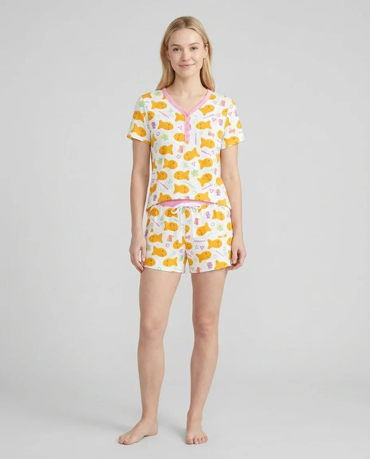 Cheesy Fishies Family Matching Bamboo Women Short Sleeve Short Pajama Set