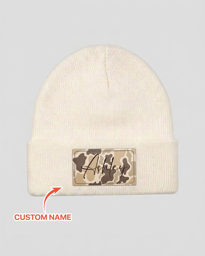 Custom Name Camo Leather Patch Beanie
