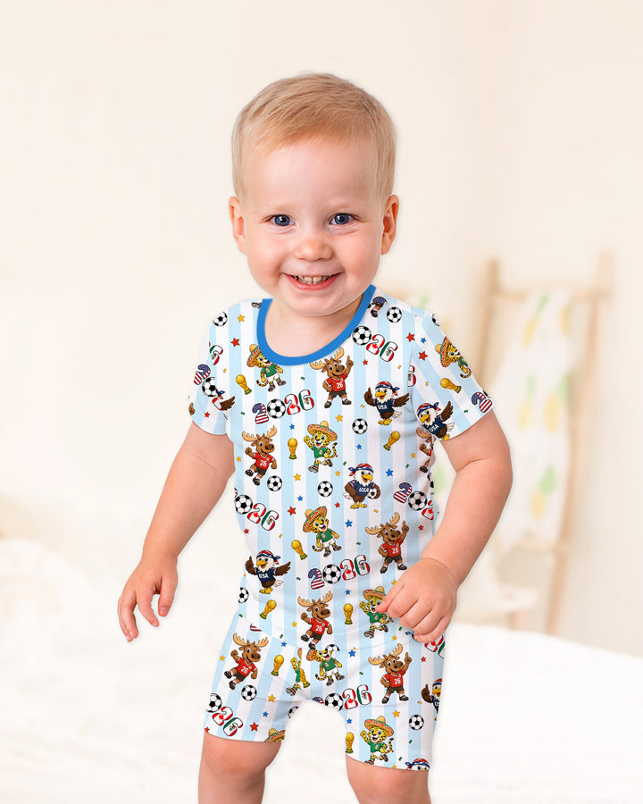 Striped Cute Mascots Soccer Cup 2026 Bamboo Two Piece Short Sleeve Shorts Pajama Set