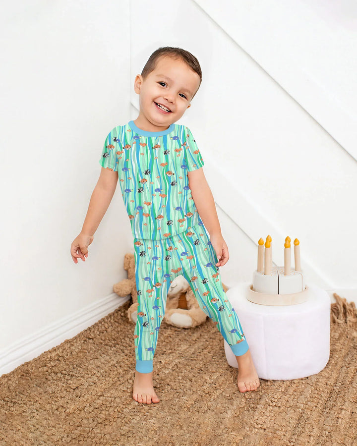 Custom Name Summer Beach Bamboo Two Piece Short Sleeve Pajama Set