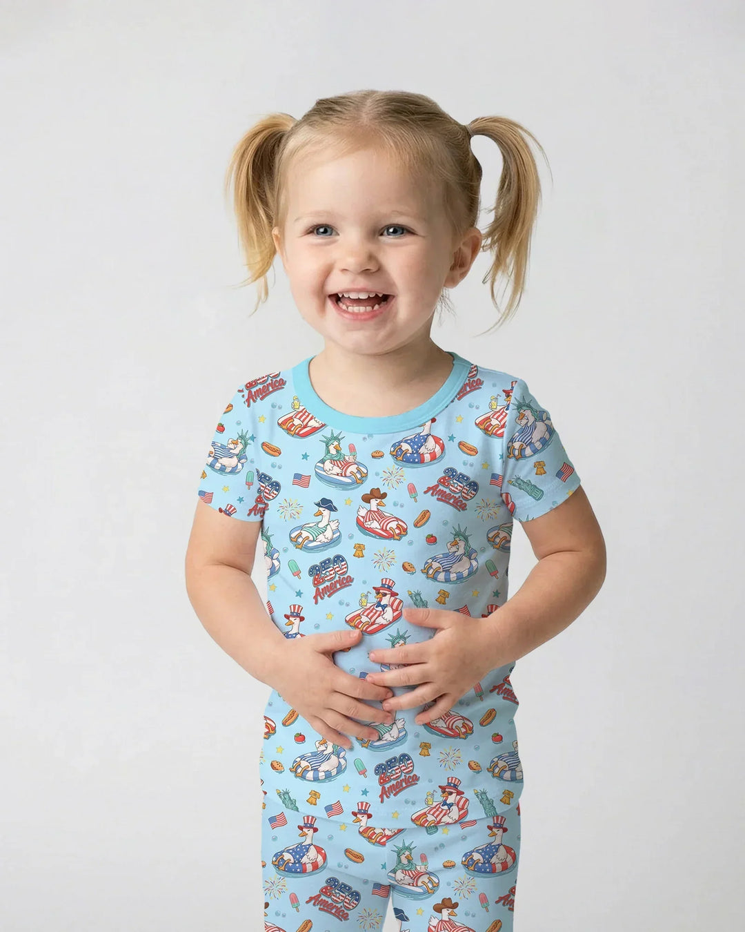 250 America Patriotic Goose Family Matching Bamboo Two Piece Short Sleeve Pajama Set