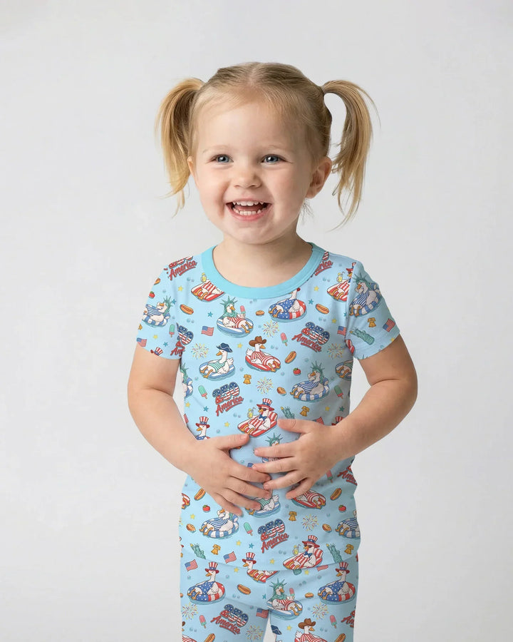 250 America Patriotic Goose Family Matching Bamboo Two Piece Short Sleeve Pajama Set