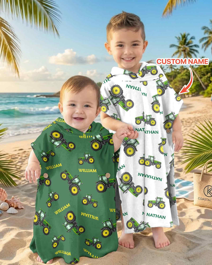 Custom Name Green Tractors Matching Daddy & Me Bamboo Swim Poncho