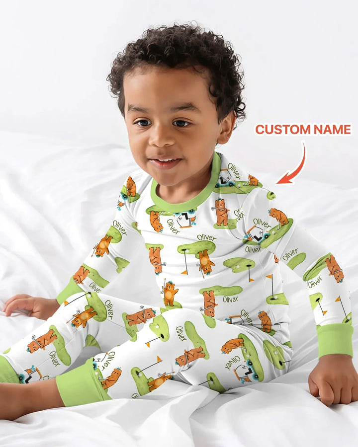 Custom Name Little Bear Golf Club Bamboo Two Piece Long Sleeve Pajama Set