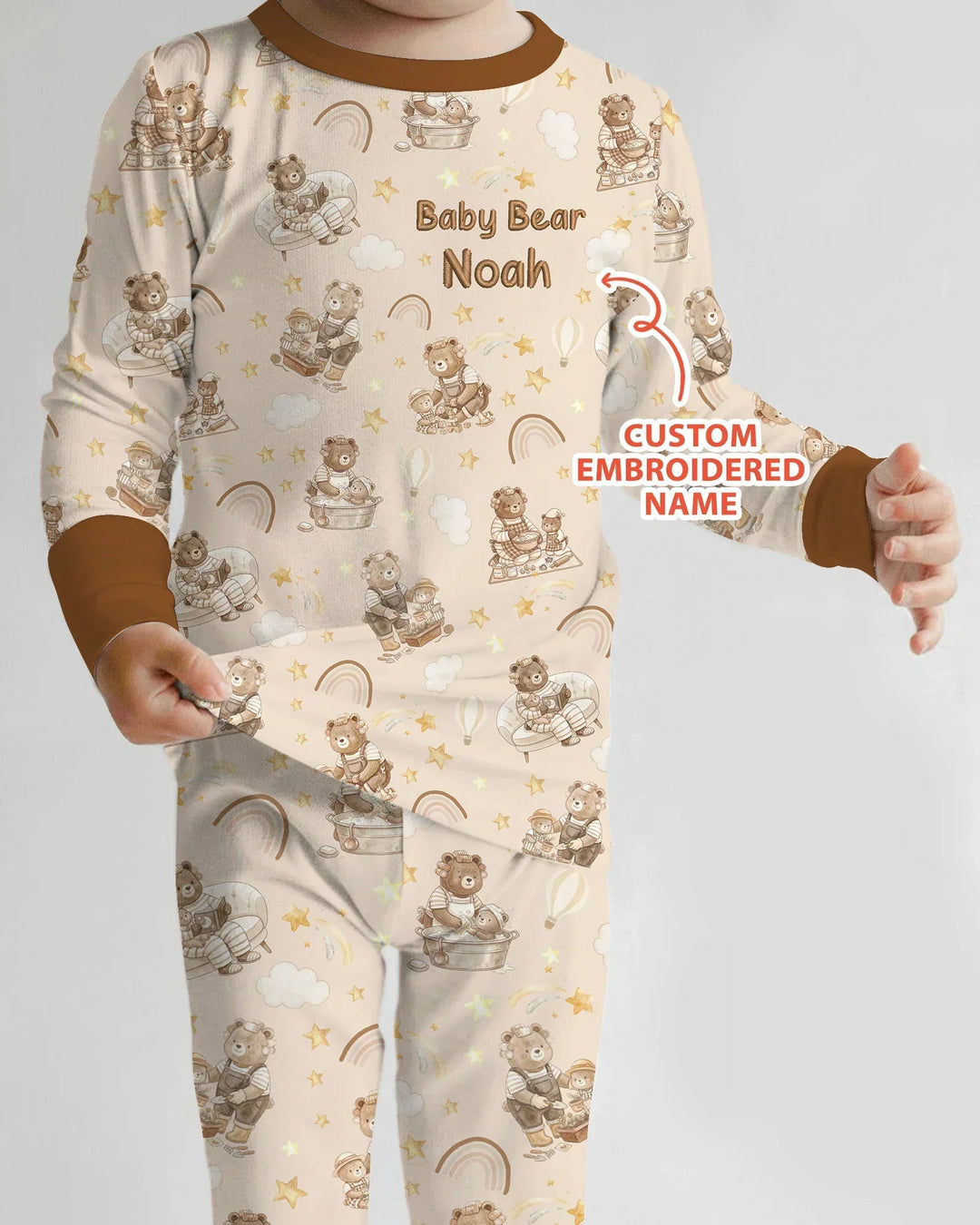 Custom Embroidered Name Mama Bear and Baby Bear Bamboo Two Piece Long Sleeve Pajama Set