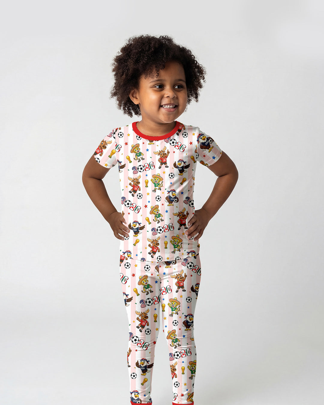 Striped Cute Mascots Soccer Cup 2026 Bamboo Two Piece Short Sleeve Pajama Set