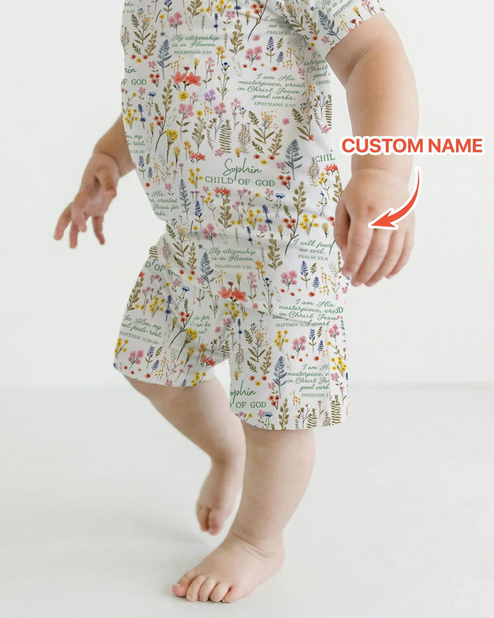 Custom Name Child of God Flower Garden Bamboo Two Piece Short Sleeve Shorts Pajama Set