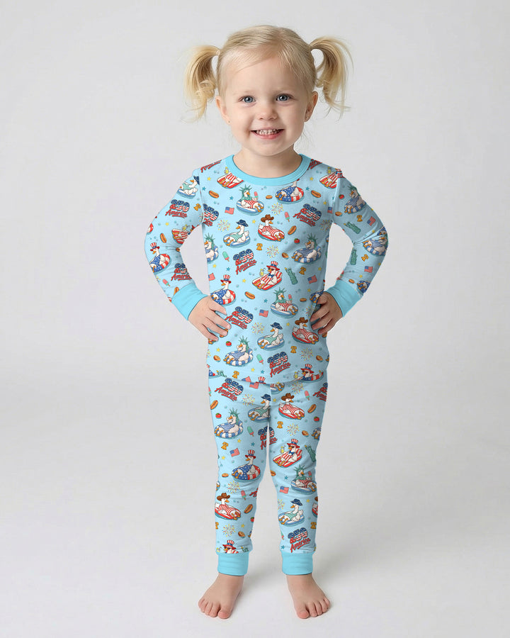250 America Patriotic Goose Family Matching Bamboo Two Piece Long Sleeve Pajama Set
