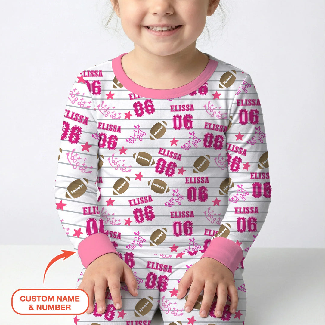 Custom Name Football Time Pink Bamboo Two Piece Long Sleeve Pajama Set