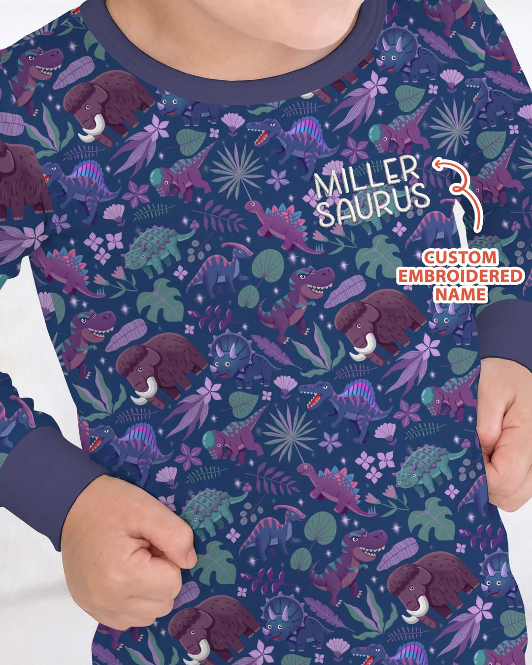 Custom Name Embroidered Dino Dream Night Bamboo Two Piece Long Sleeve Pajama Set