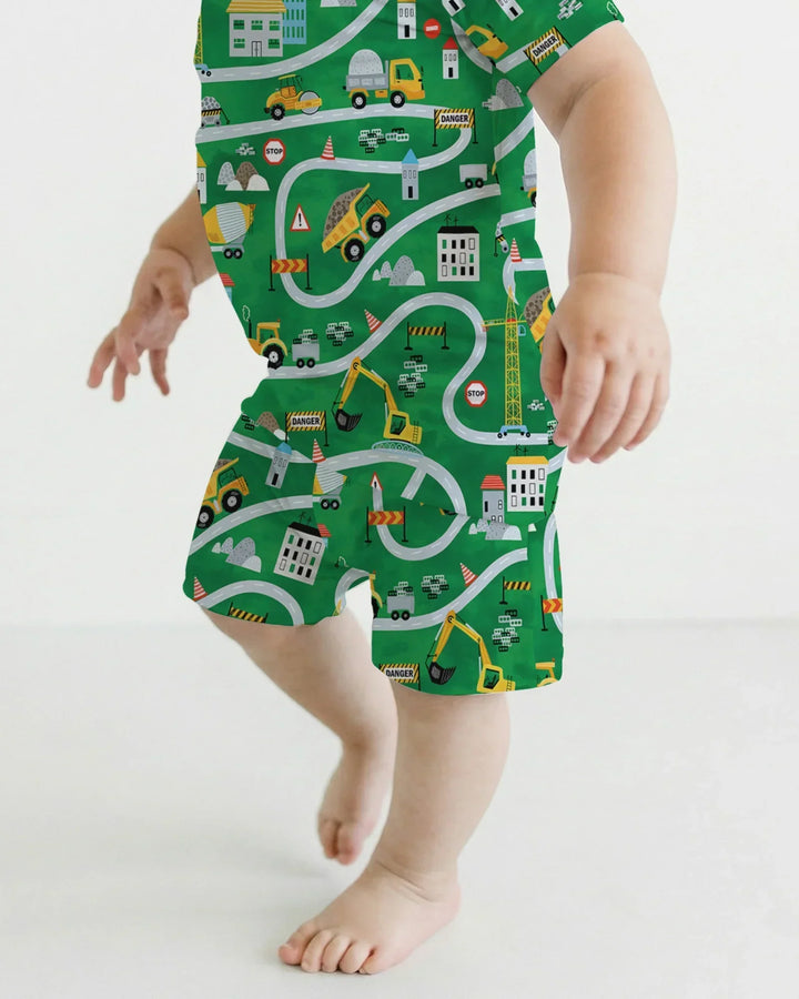 Little Builder Construction Zone Bamboo Two Piece Short Sleeve Shorts Pajama Set
