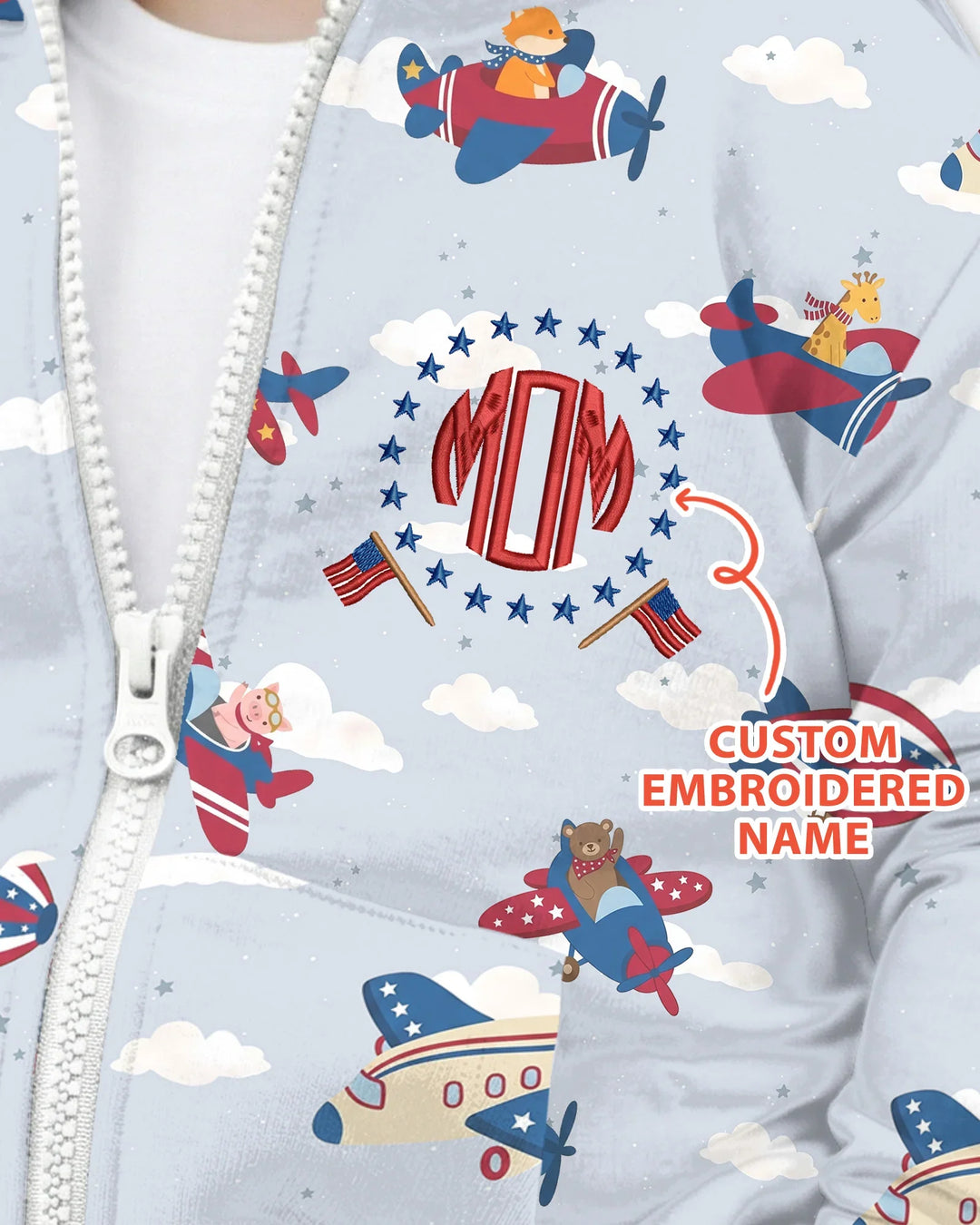 Custom Name Embroidered American Pilot  Bamboo Zip Hoodie