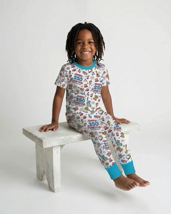 Happy 250 America I love USA Bamboo Two Piece Short Sleeve Pajama Set
