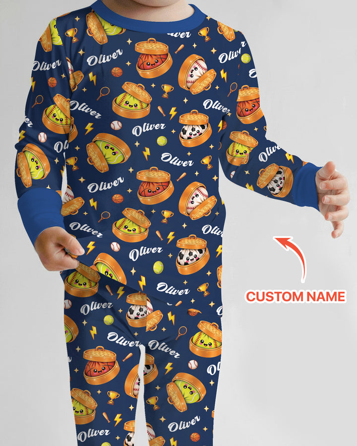 Custom Name Sports Dumpling Bamboo Two Piece Long Sleeve Pajama Set