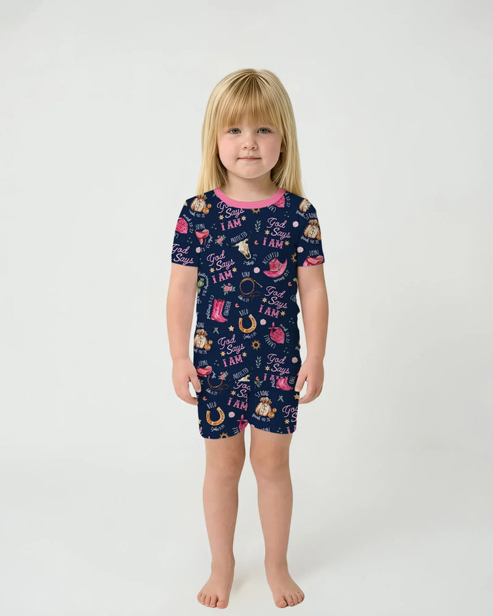 God Says I Am Western Faith Bamboo Two Piece Short Sleeve Shorts Pajama Set
