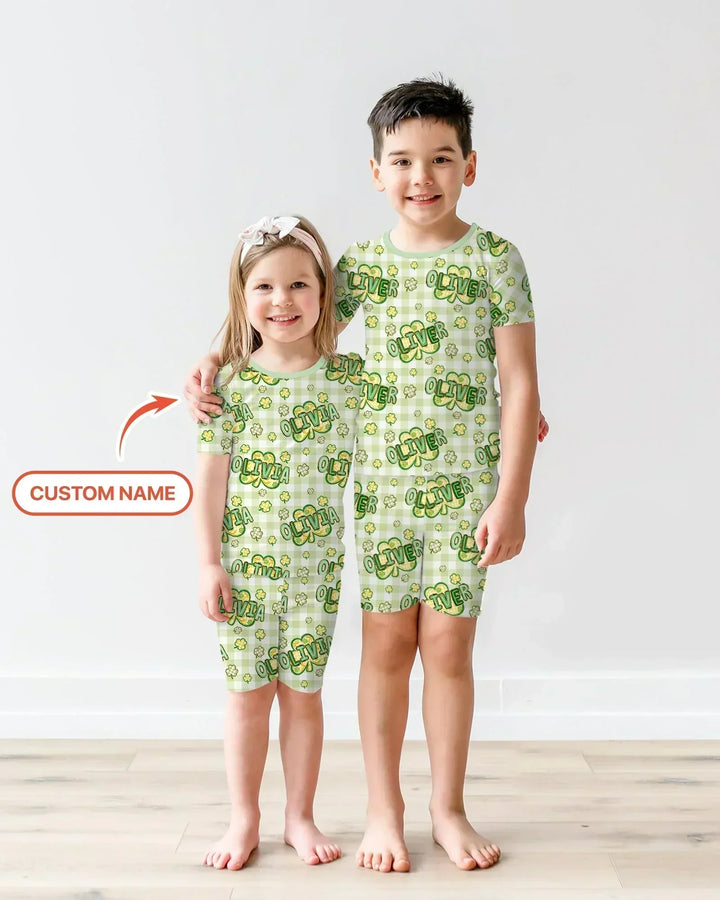 Lucky Shamrock Custom Name Bamboo Two Piece Short Sleeve Shorts Pajama Set