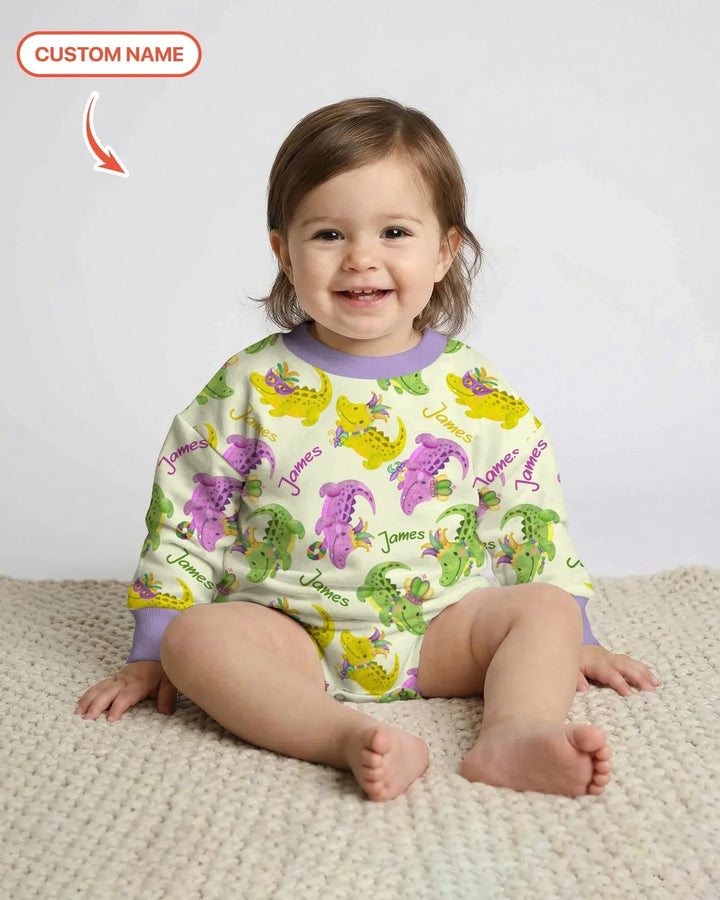 Custom Name Mardi Gras Alligator Bamboo Bubble Romper