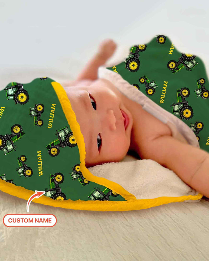 Custom Name Green Tractors Matching Daddy & Me Hooded Bamboo Towel Set