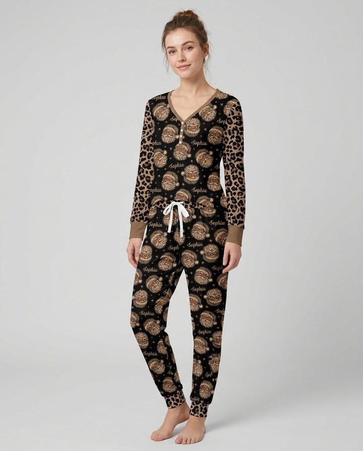 Custom Name Vintage Leopard Santa Bamboo Women Pajama Set
