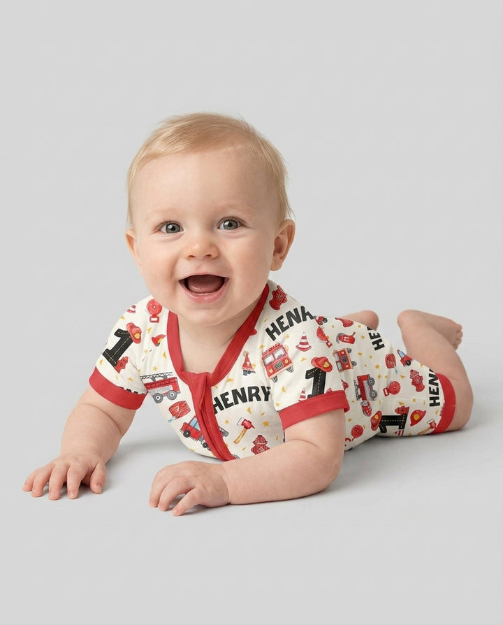 Custom Name Fire Truck Birthday Boy Bamboo Shorty Zippy