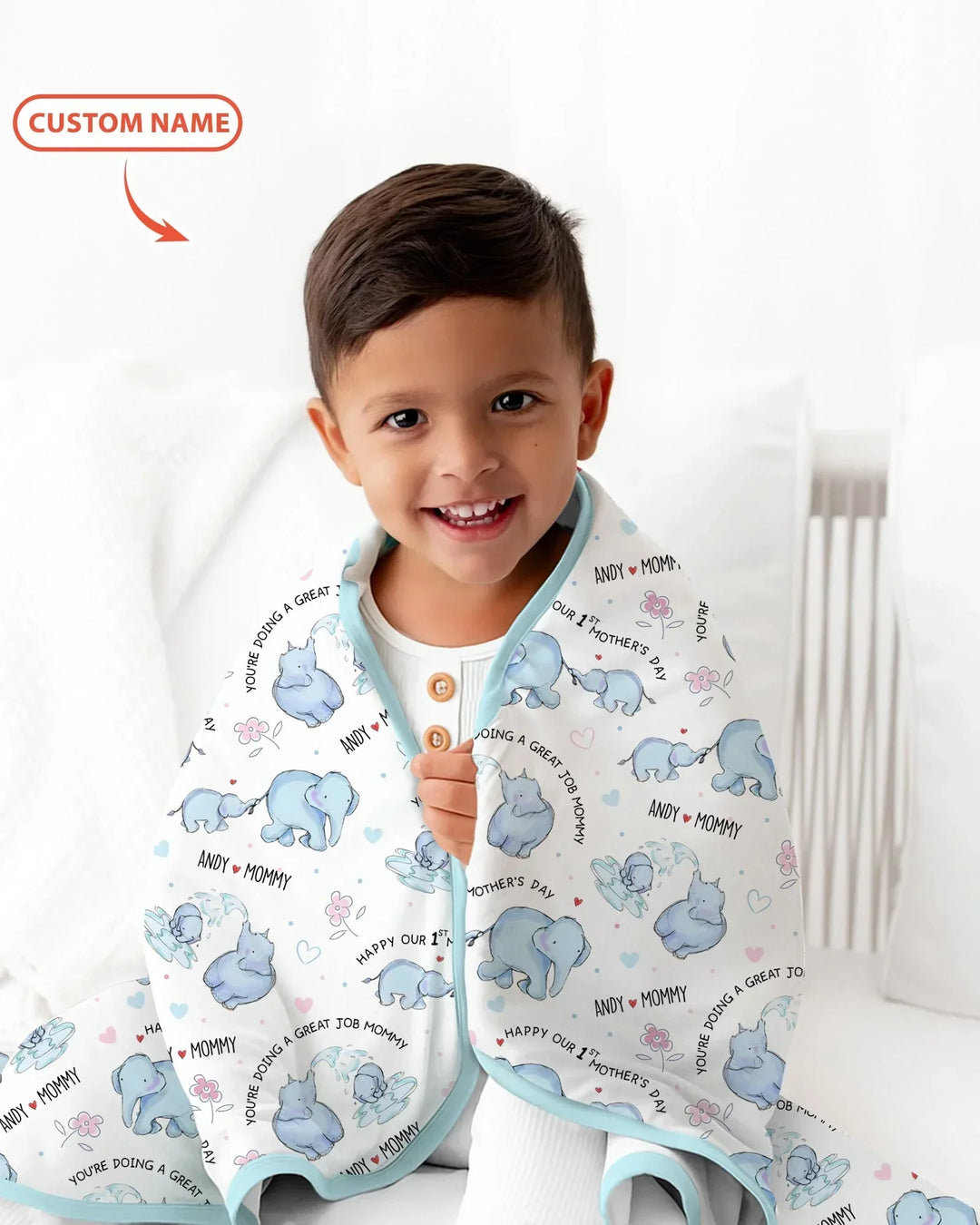 Custom Name Mother & Baby Elephant Bamboo Blanket