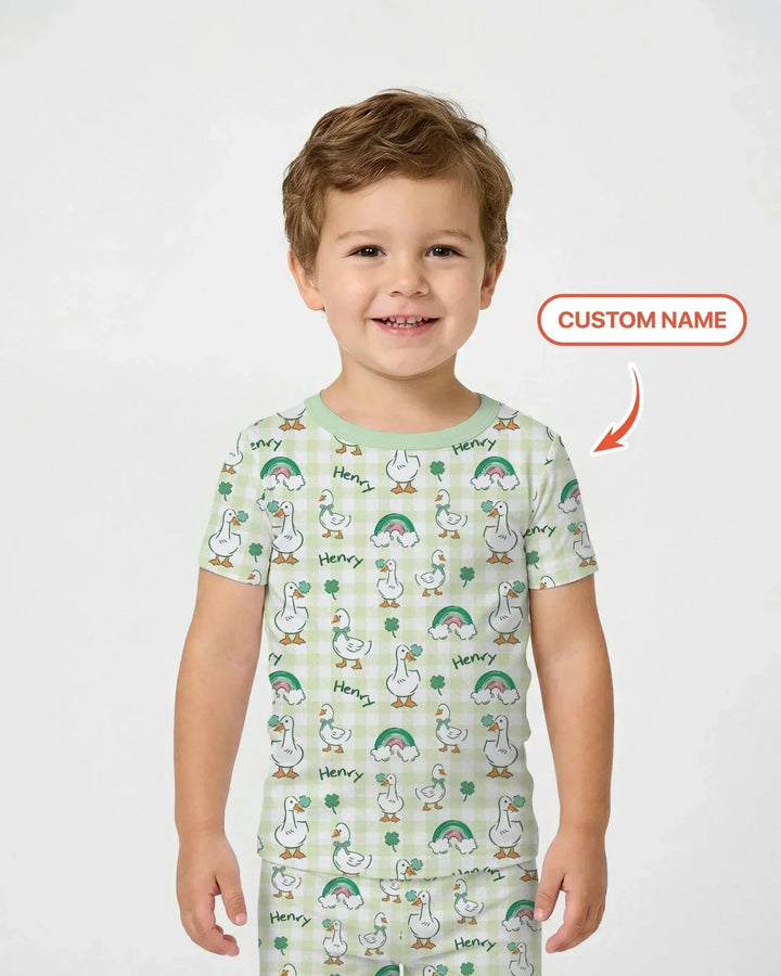 Custom Name Lucky Ducks Bamboo Two Piece Short Sleeve Pajama Set