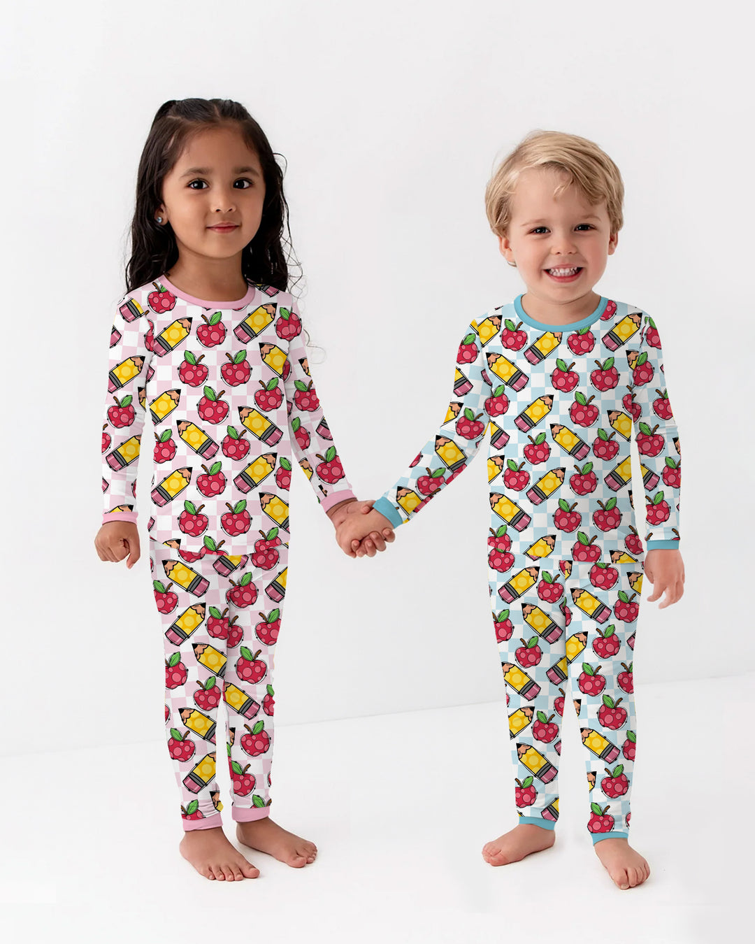 Checkered Apple Scribbles Bamboo Two Piece Long Sleeve Pajama Set