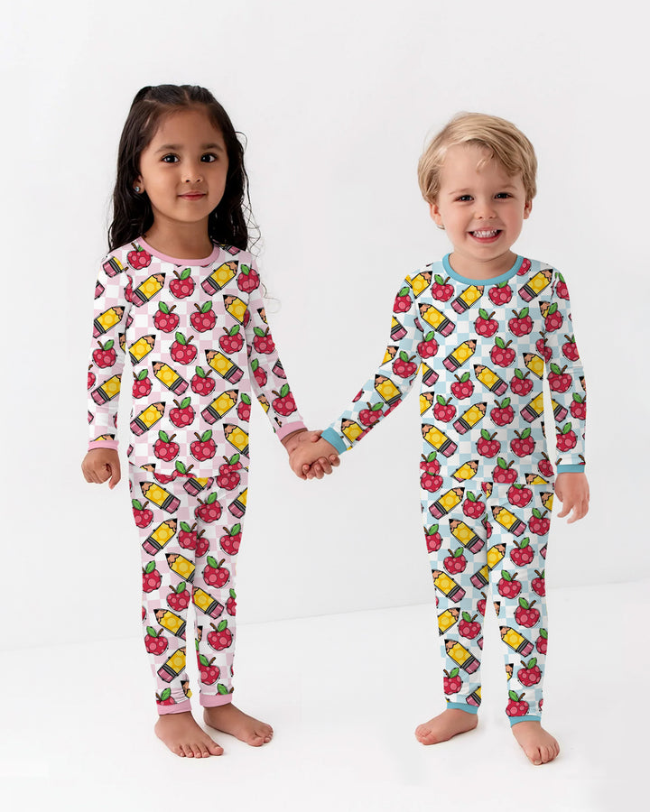 Checkered Apple Scribbles Bamboo Two Piece Long Sleeve Pajama Set