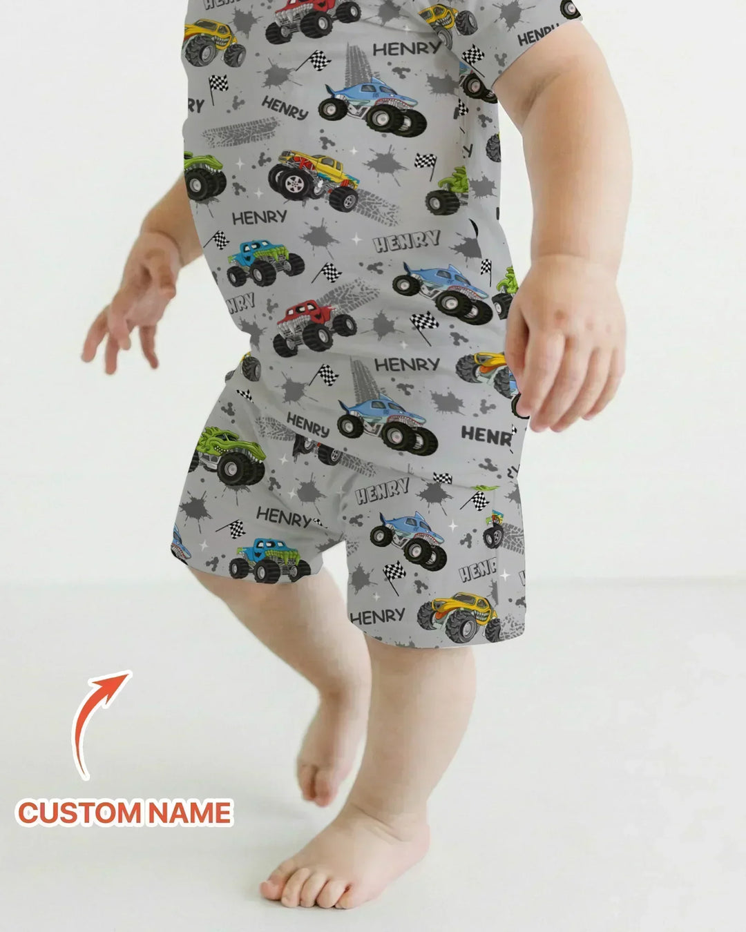 Monster Truck Dirt Jam Custom Name Daddy & Me Matching Bamboo Two Piece Short Sleeve Shorts Pajama Set