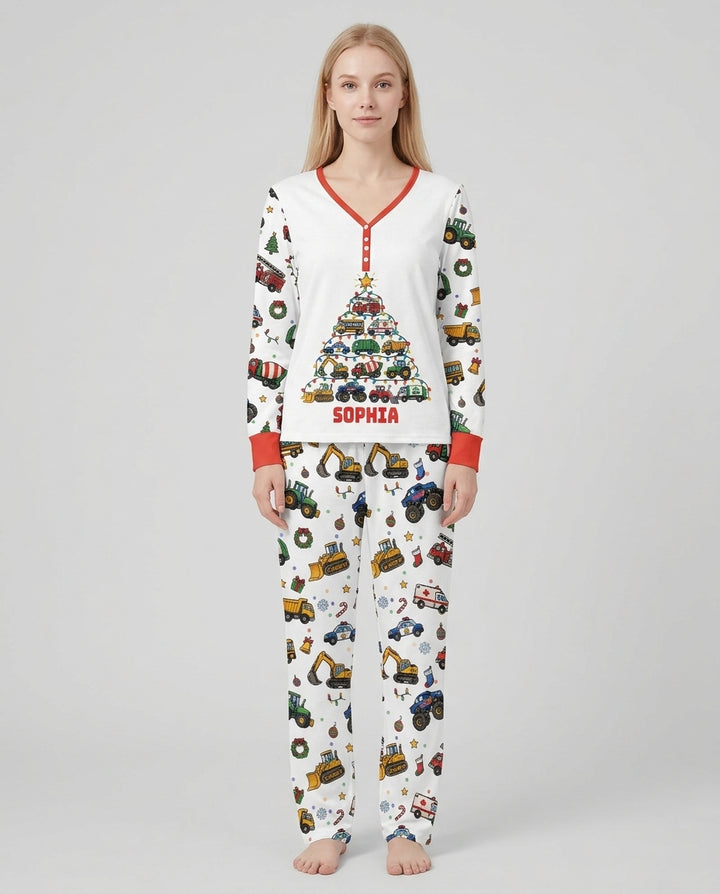 Custom Name Little Trucks Christmas Tree Bamboo Women Pajama Set