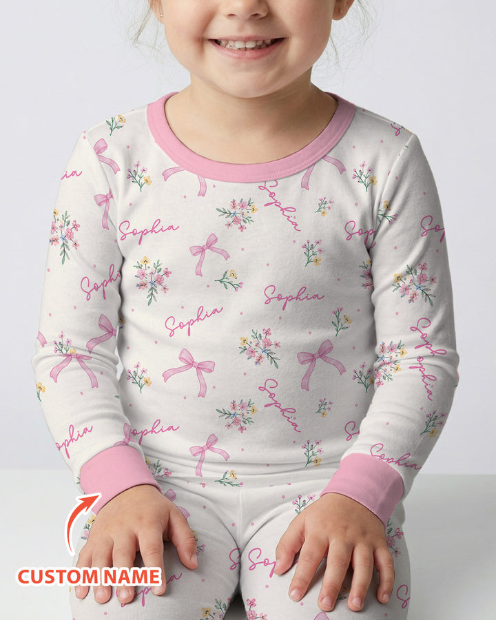 Pastel Ditsy Floral Bow Bamboo Two Piece Long Sleeve Pajama Set