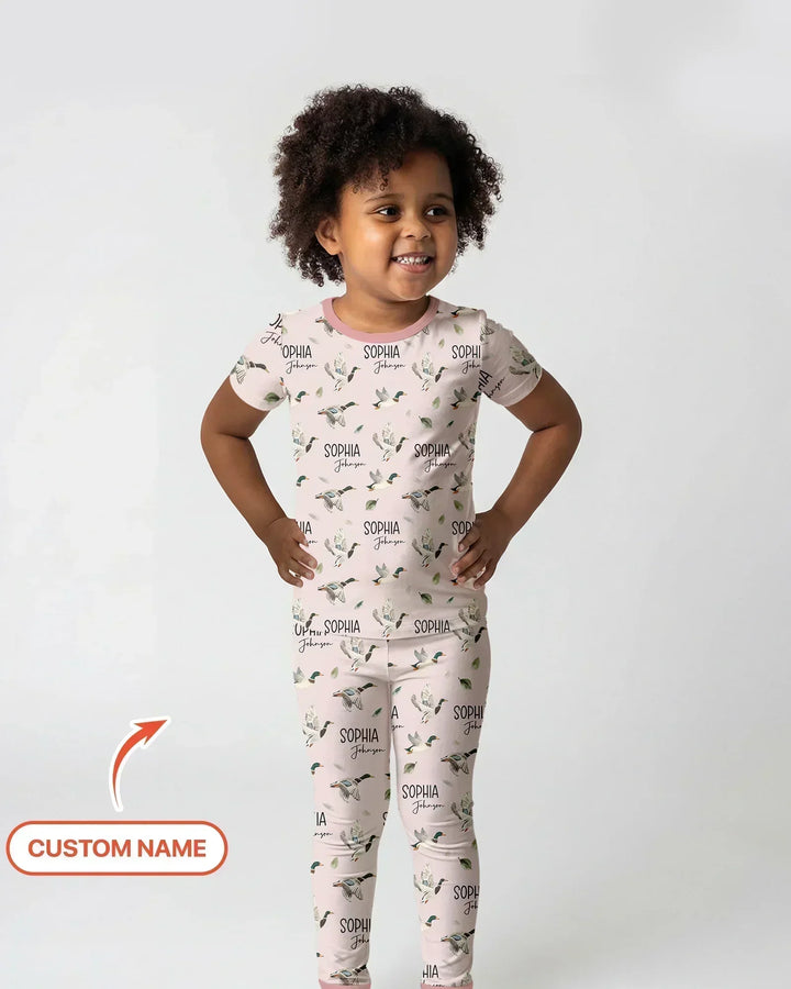 Custom Name Mallard Duck Bamboo Two Piece Short Sleeve Pajama Set