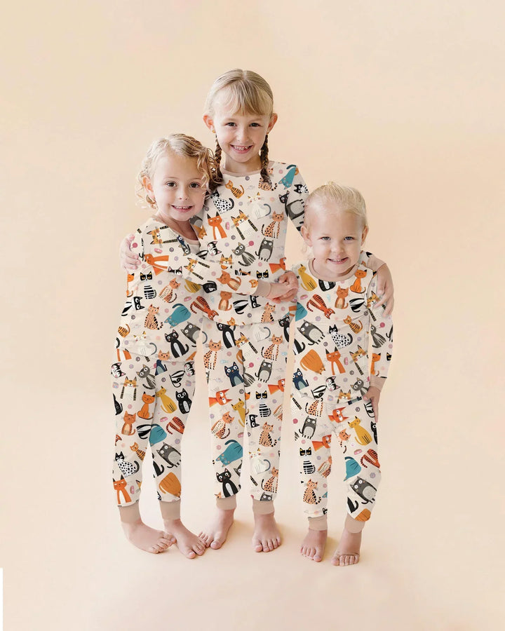 Goofy Mischief Cat Family Matching Bamboo Two Piece Long Sleeve Pajama Set