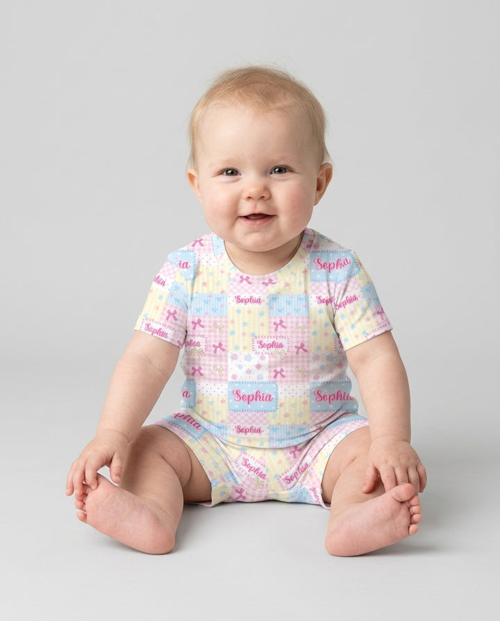 Custom Name Sweet Patchwork Bamboo Two Piece Short Sleeve Shorts Pajama Set