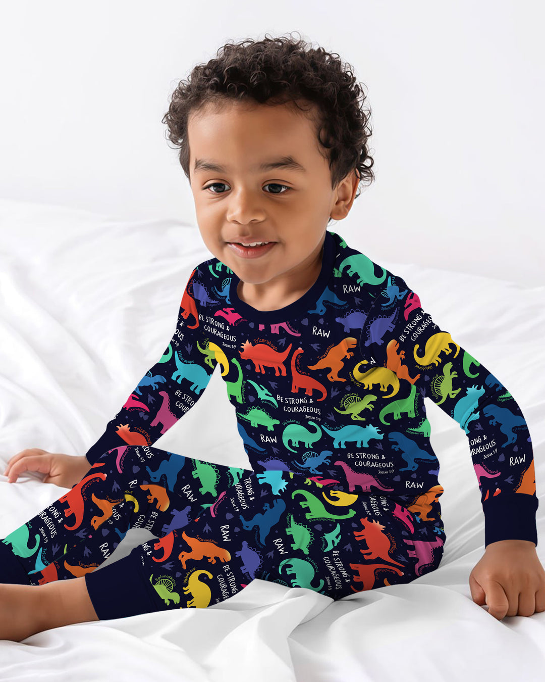 Be Strong and Courageous Dinosaur Christian Bamboo Two Piece Long Sleeve Pajama Set