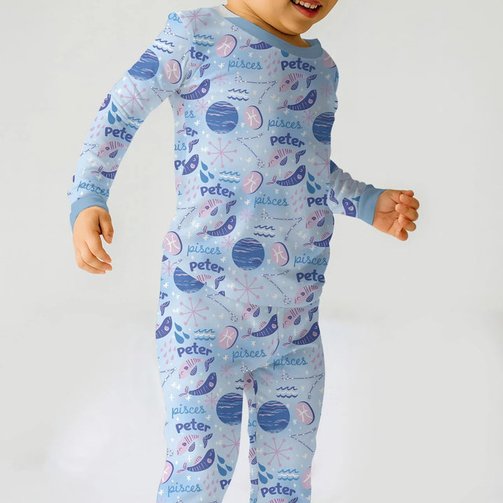 Custom Name Zodiac Pisces Bamboo Two Piece Long Sleeve Pajama Set