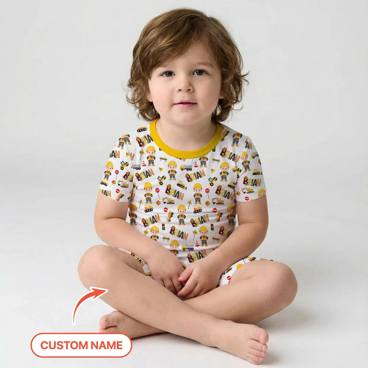 Custom Name Doodle Little Builder Bamboo Two Piece Short Sleeve Shorts Pajama Set