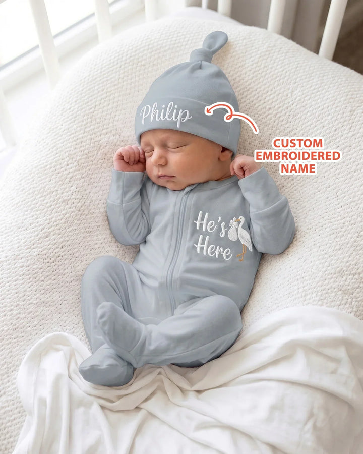 Personalized He's Here Embroidered Bamboo Hat