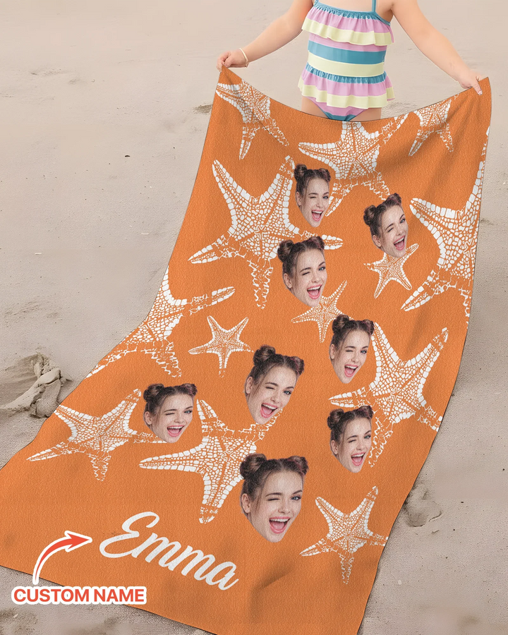 Custom Photo Starfish With Names Bamboo Beach Towel