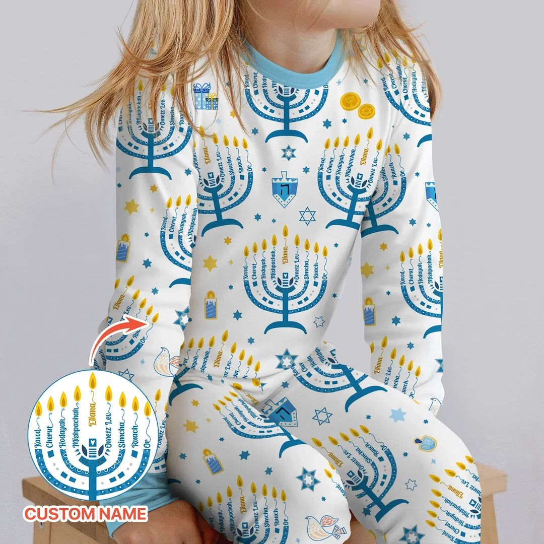 Hanukkah Custom Name Bamboo Two Piece Long Sleeve Pajama Set