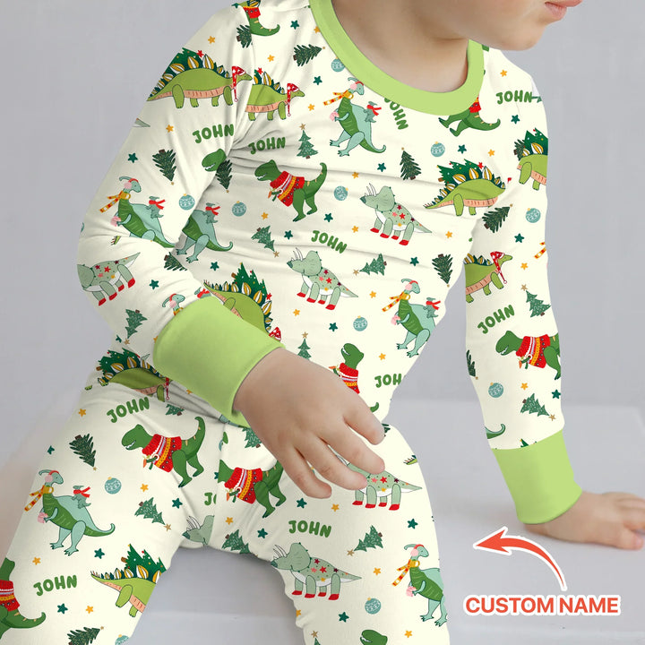 Custom Name Dinosaurs Christmas Tree Bamboo Two Piece Long Sleeve Pajama Set