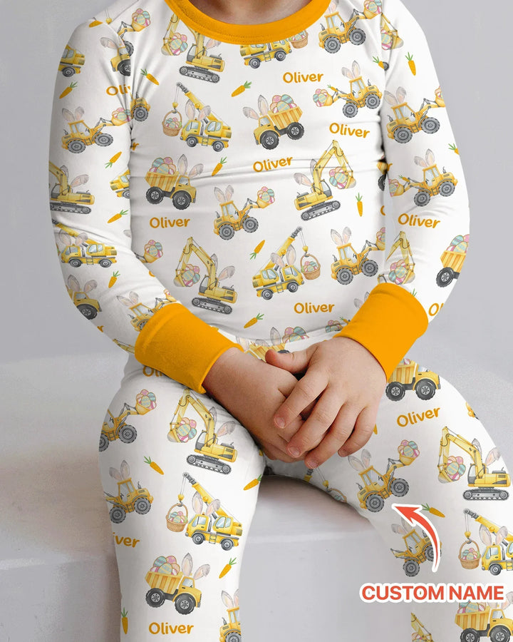 Custom name Eggs-cavator Construction Bamboo Two Piece Long Sleeve Pajama Set