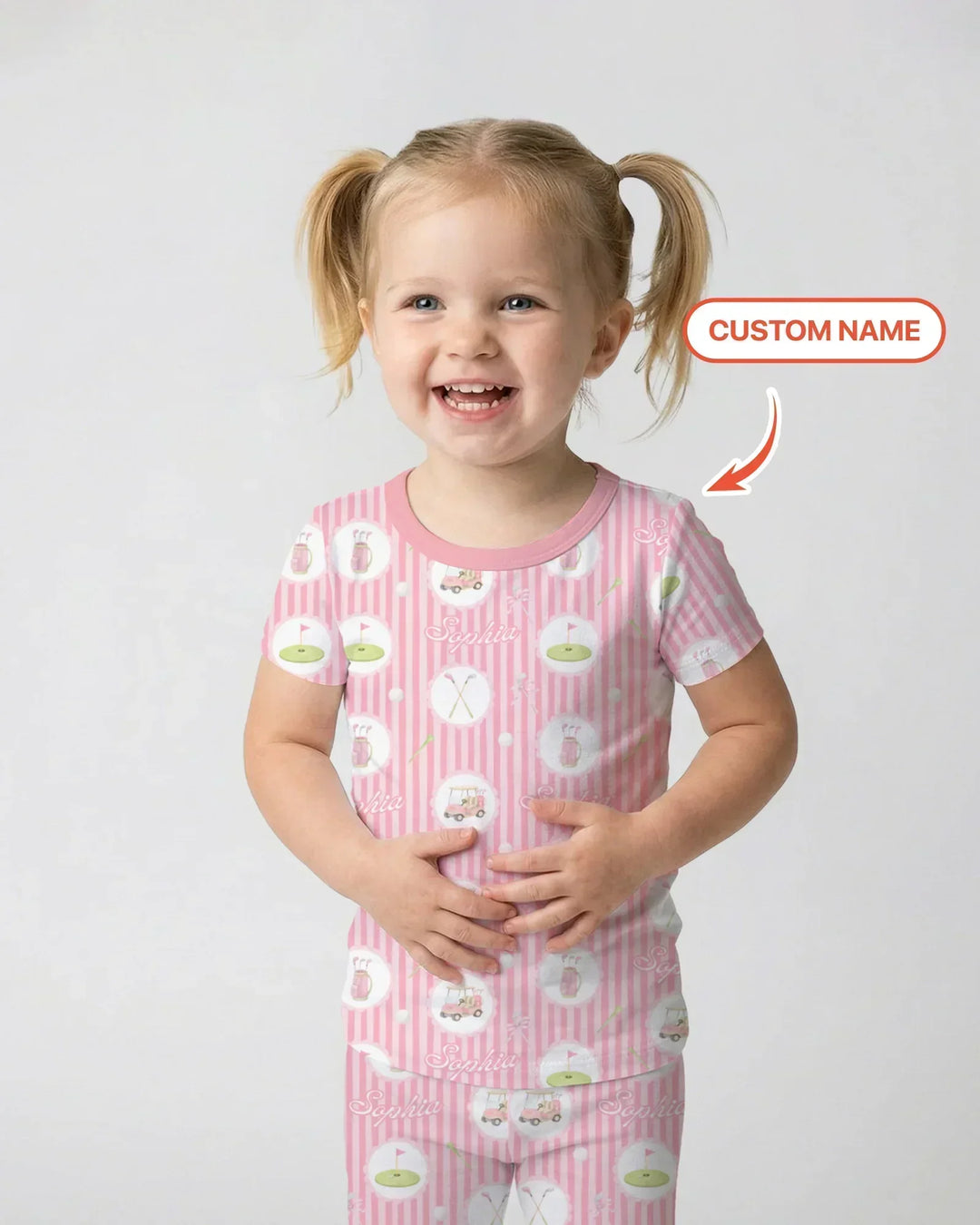 Custom Name Pink Golf Girl Bamboo Two Piece Short Sleeve Pajama Set