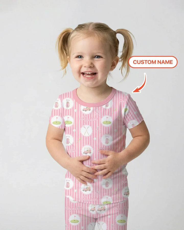 Custom Name Pink Golf Girl Bamboo Two Piece Short Sleeve Pajama Set