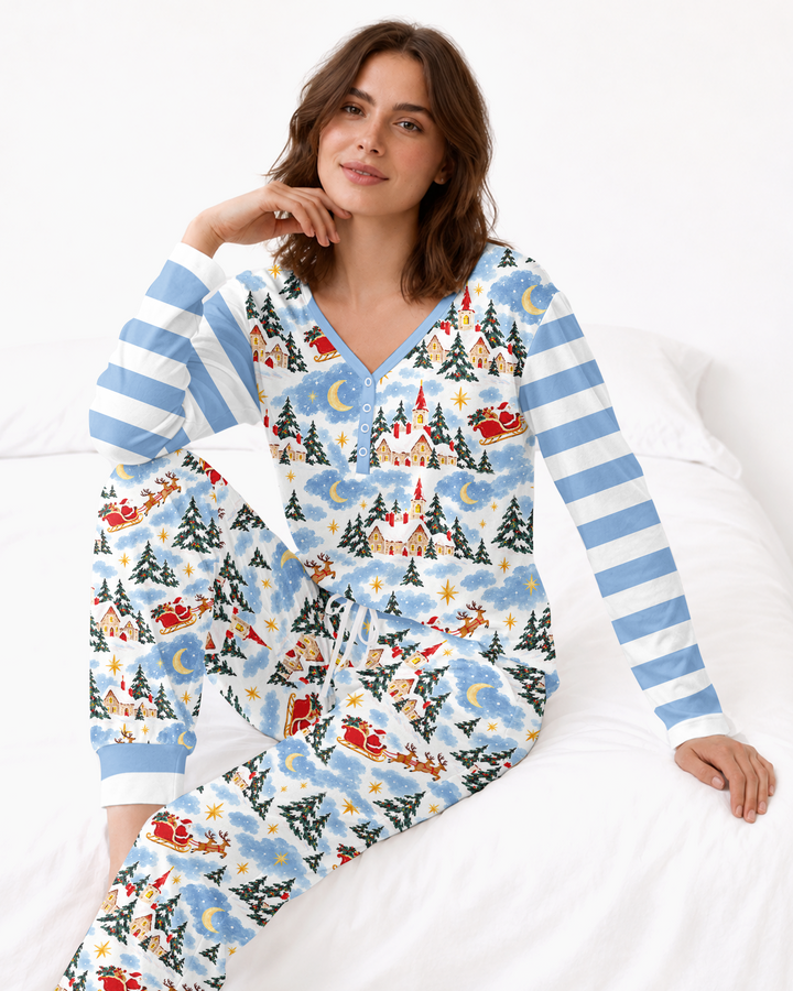 Whimsical Santa's Winter Village Bamboo Women Pajama Set