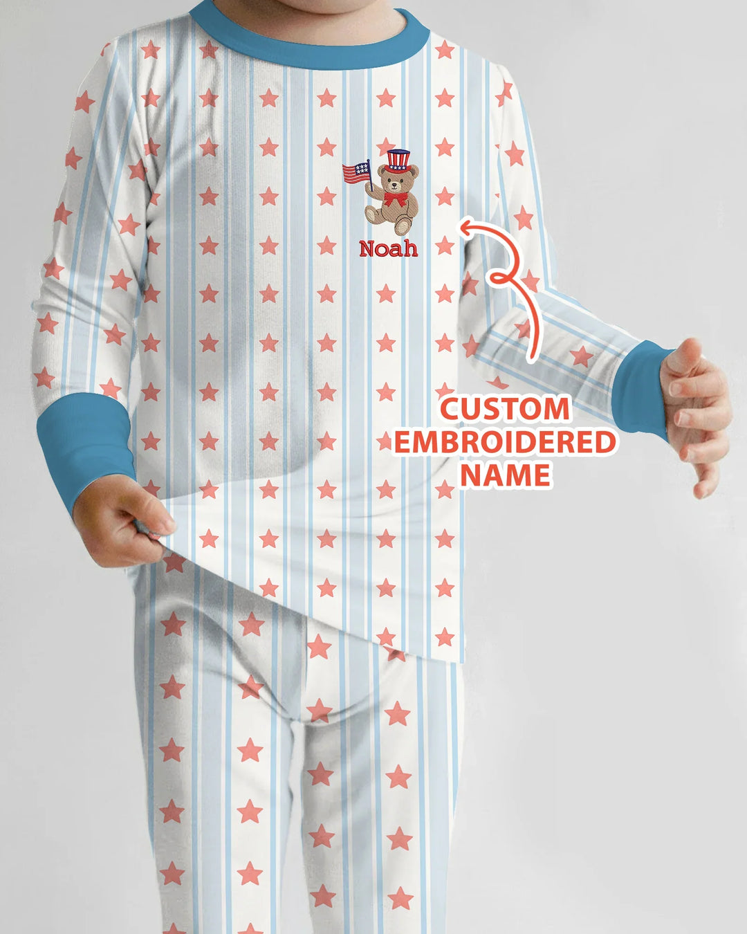 Custom Name Embroidered First 4th Of July Baby Bamboo Two Piece Long Sleeve Pajama Set