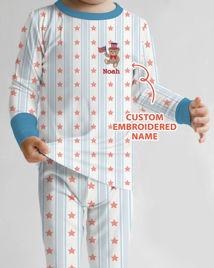 Custom Name Embroidered First 4th Of July Baby Bamboo Two Piece Long Sleeve Pajama Set