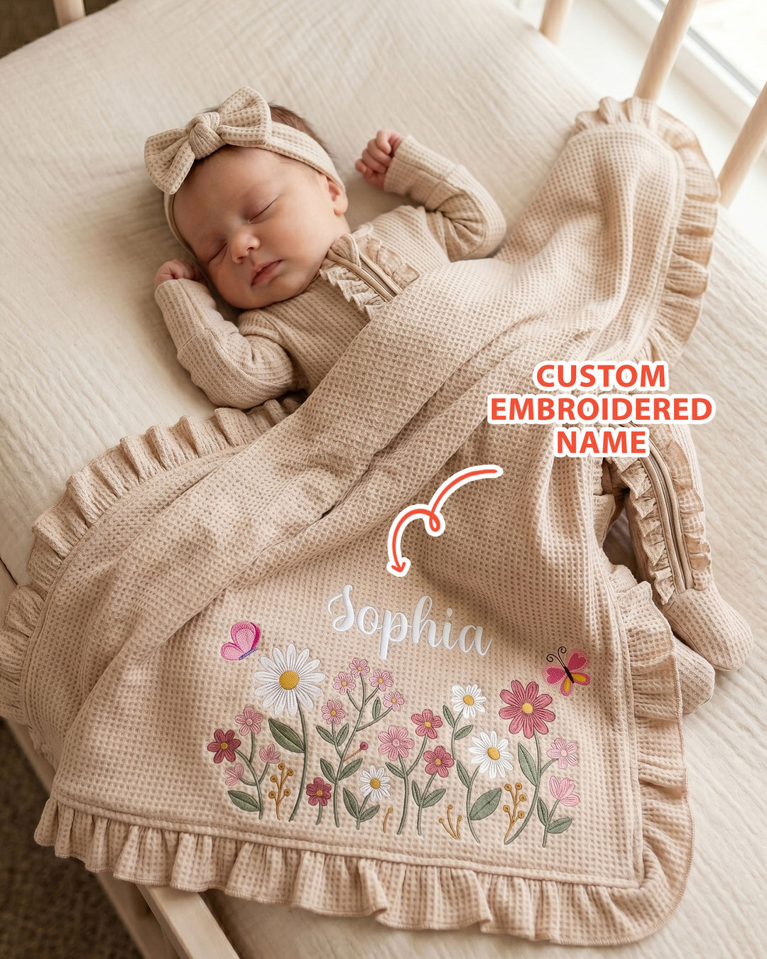 Custom Name With Flower Embroidered Waffle Ruffle Bamboo Blanket
