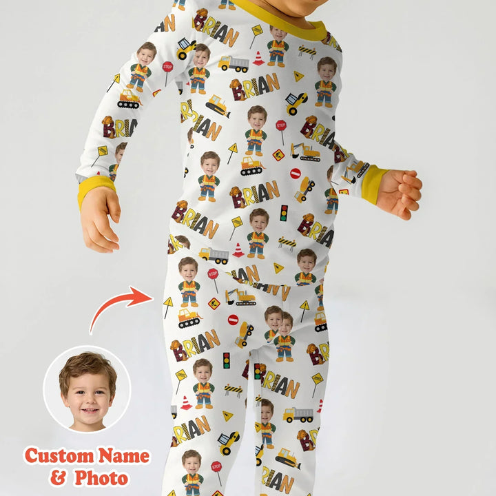 Custom Photo Doodle Little Builder Bamboo Two Piece Long Sleeve Pajama Set