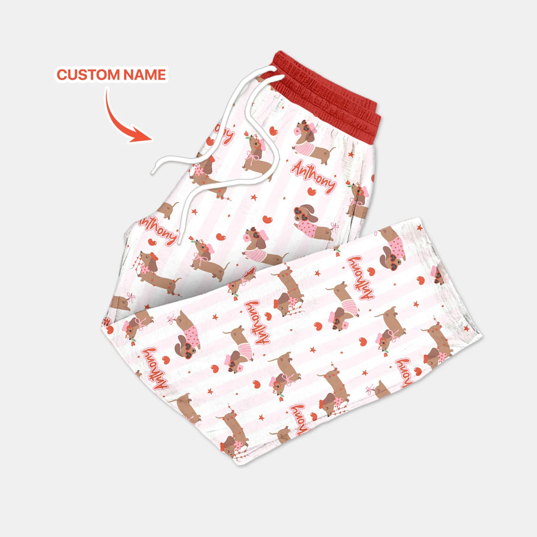 Custom Name Valentine Dachshund Family Matching Bamboo Men's Pajama Set